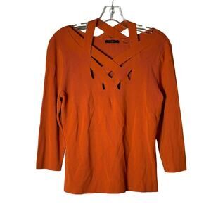 Vintage EUC Cyrus‎ Rust Orange Criss Cross Knit Ribbed Sweater Flattering